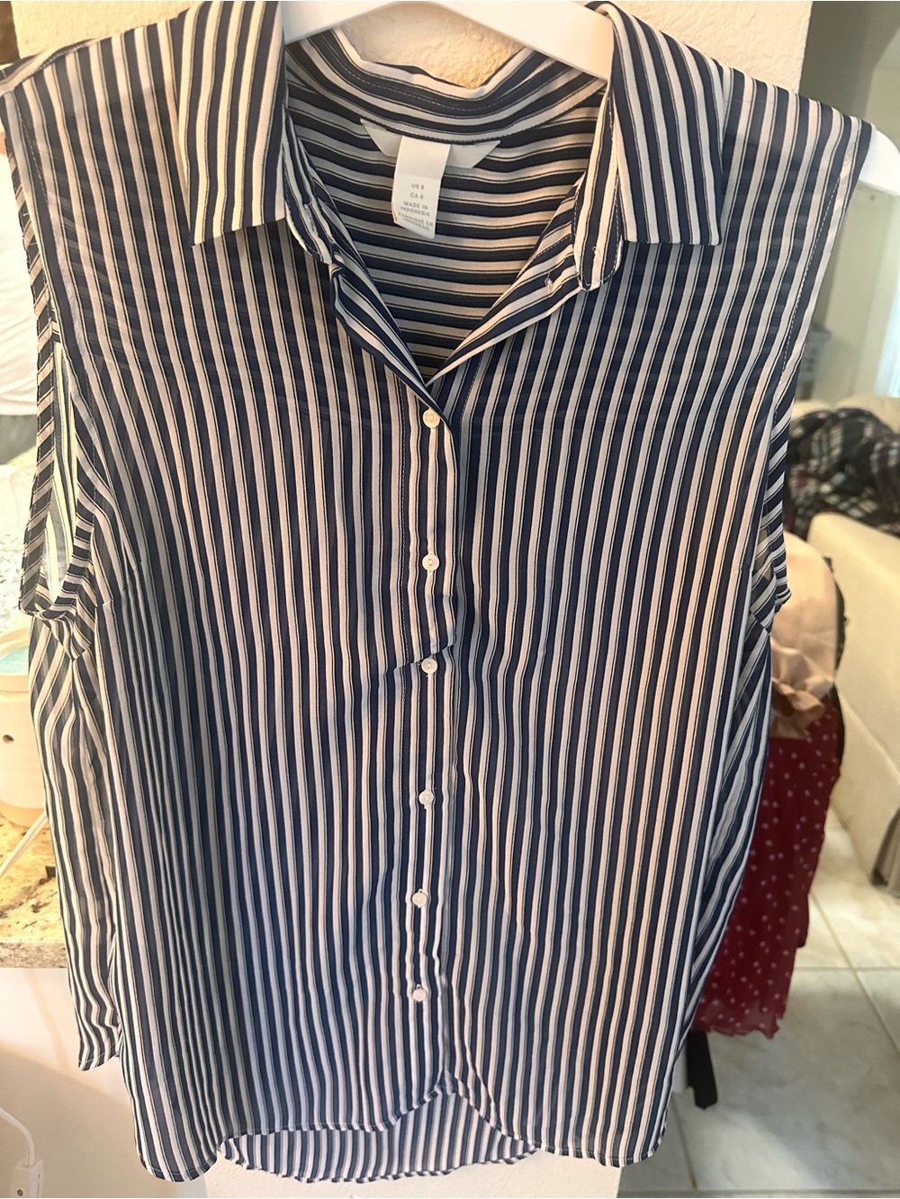 H&M Navy and White Striped Sleeveless Button-Down Shirt